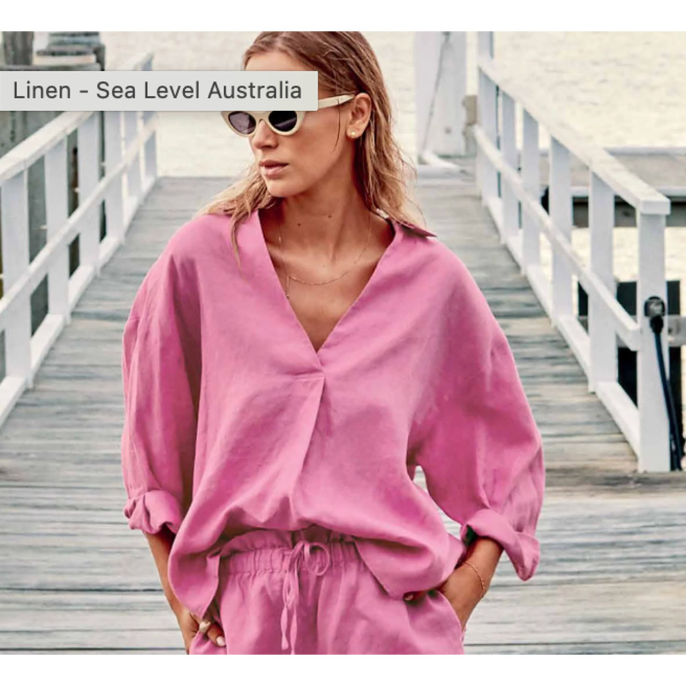 Sea Level Swim Australia Tidal Linen Kyoto Shirt-Pink-Size L Collared Long Sleev